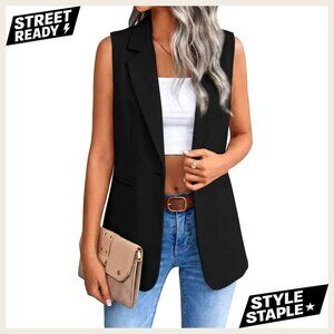 Sleeveless Blazer Vest, Polyester, Casual Slim Fit, Notch Lapel, Pockets